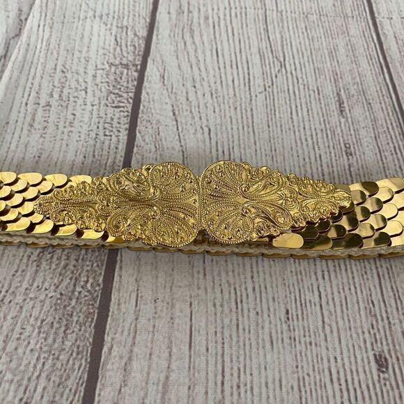 Gold scale belt w/decorative leaf buckle elastic stretch & clasp hook closure - Picture 8 of 9